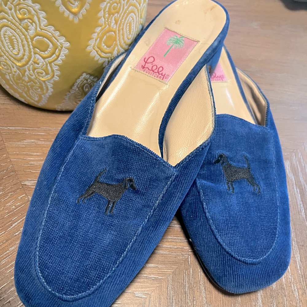 Lilly Pulitzer Vintage ✨ Blue Fabric Embellished Mules 🤩 GUC, Size 7.5